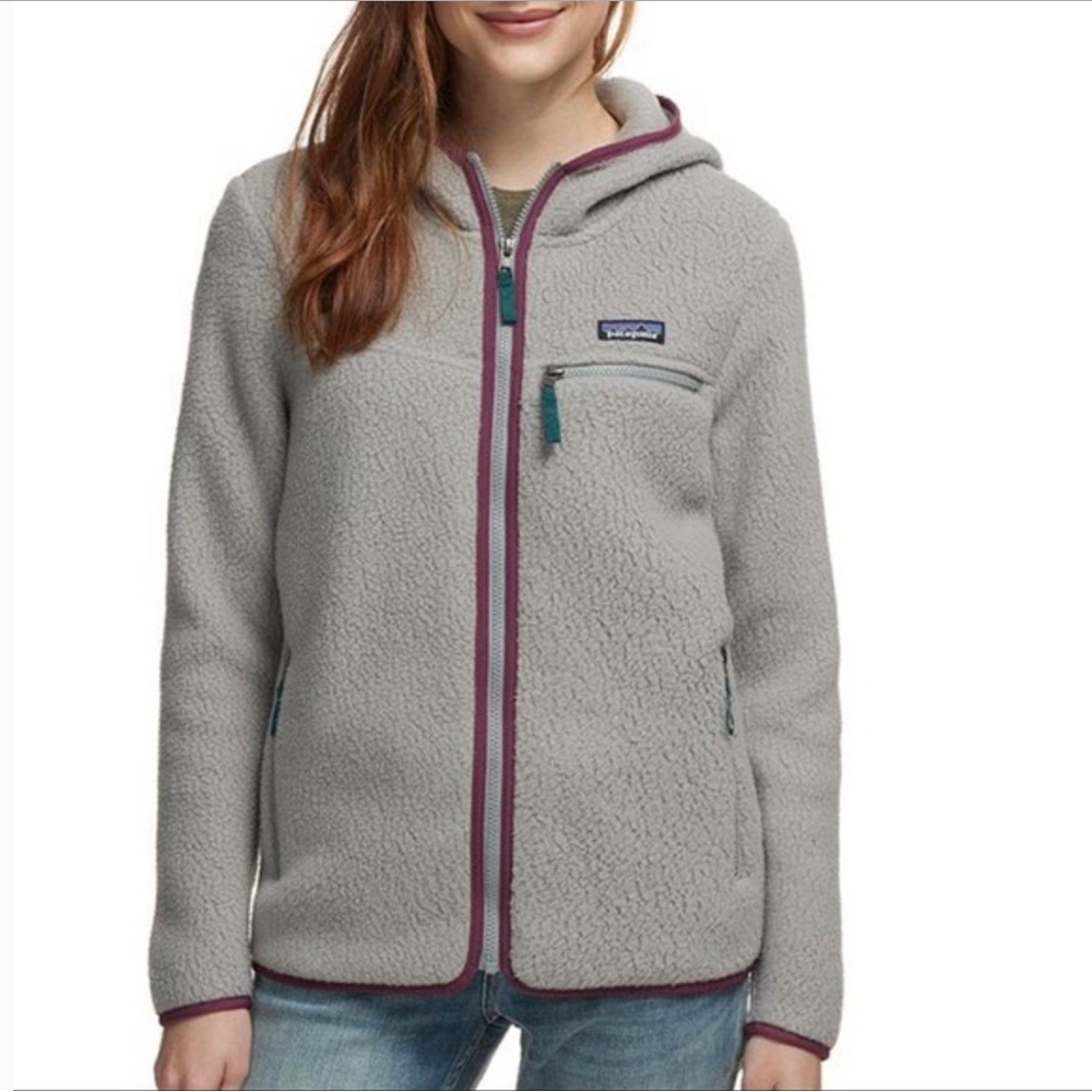 Patagonia Gray Hooded Sweater with Purple Trim